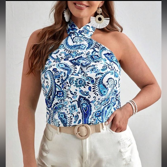 Plus Size Boho Paisley Print Crisscross Front Halter Neck Top Blouse Shirt - Picture 3 of 14